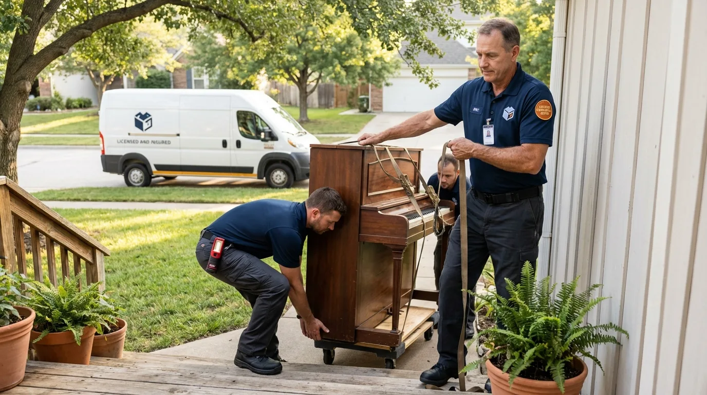 Licensed piano movers securing grand piano in Blountstown, FL
