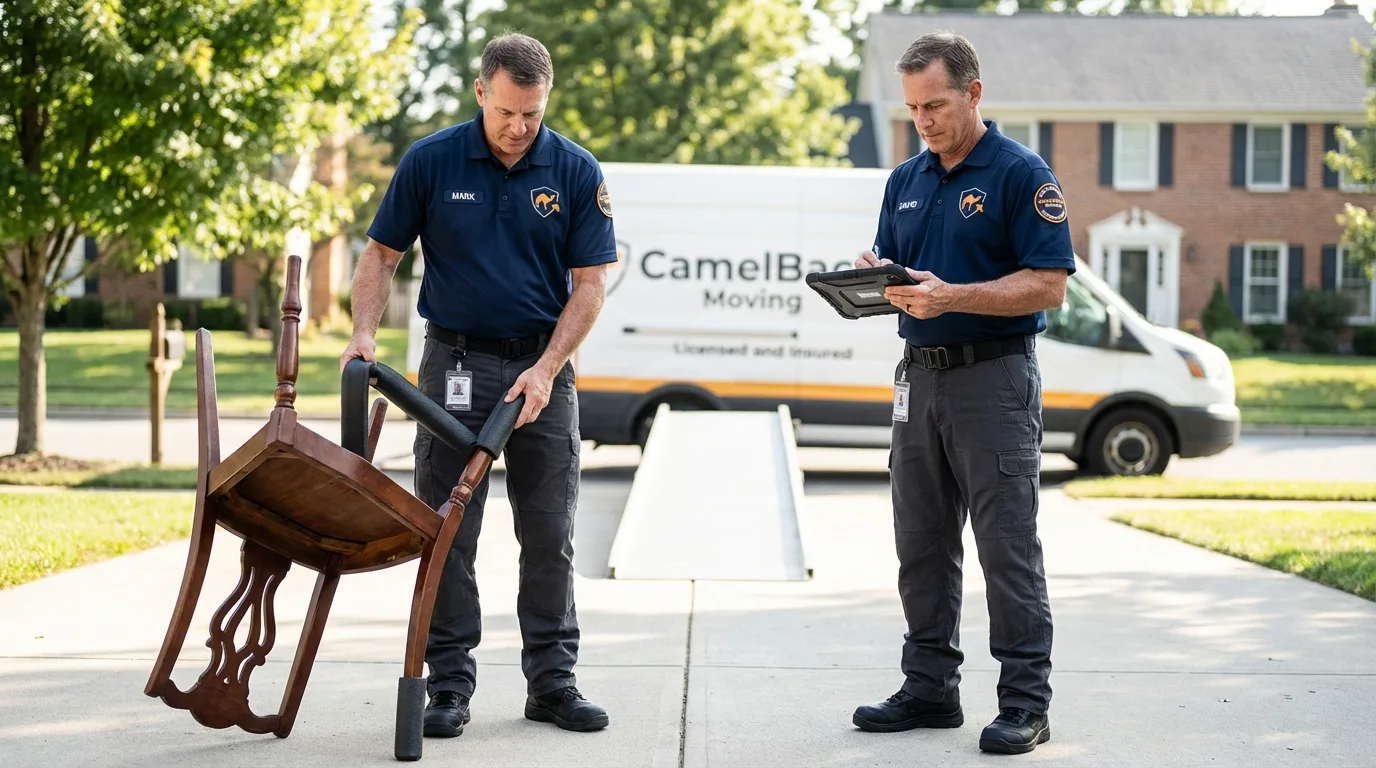 Movers inspecting furniture for damage prevention before loading in Blountstown, FL